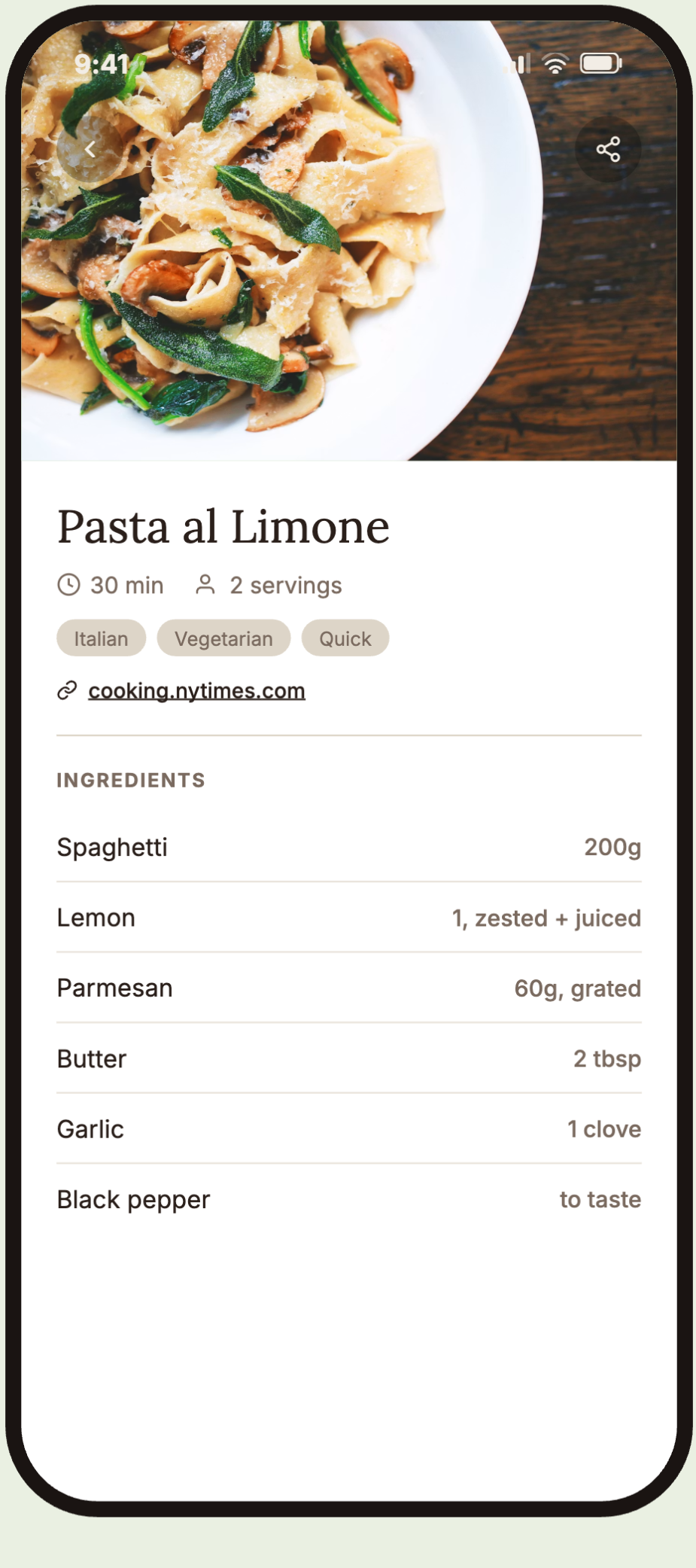 A structured recipe with ingredients and quantities cleanly listed