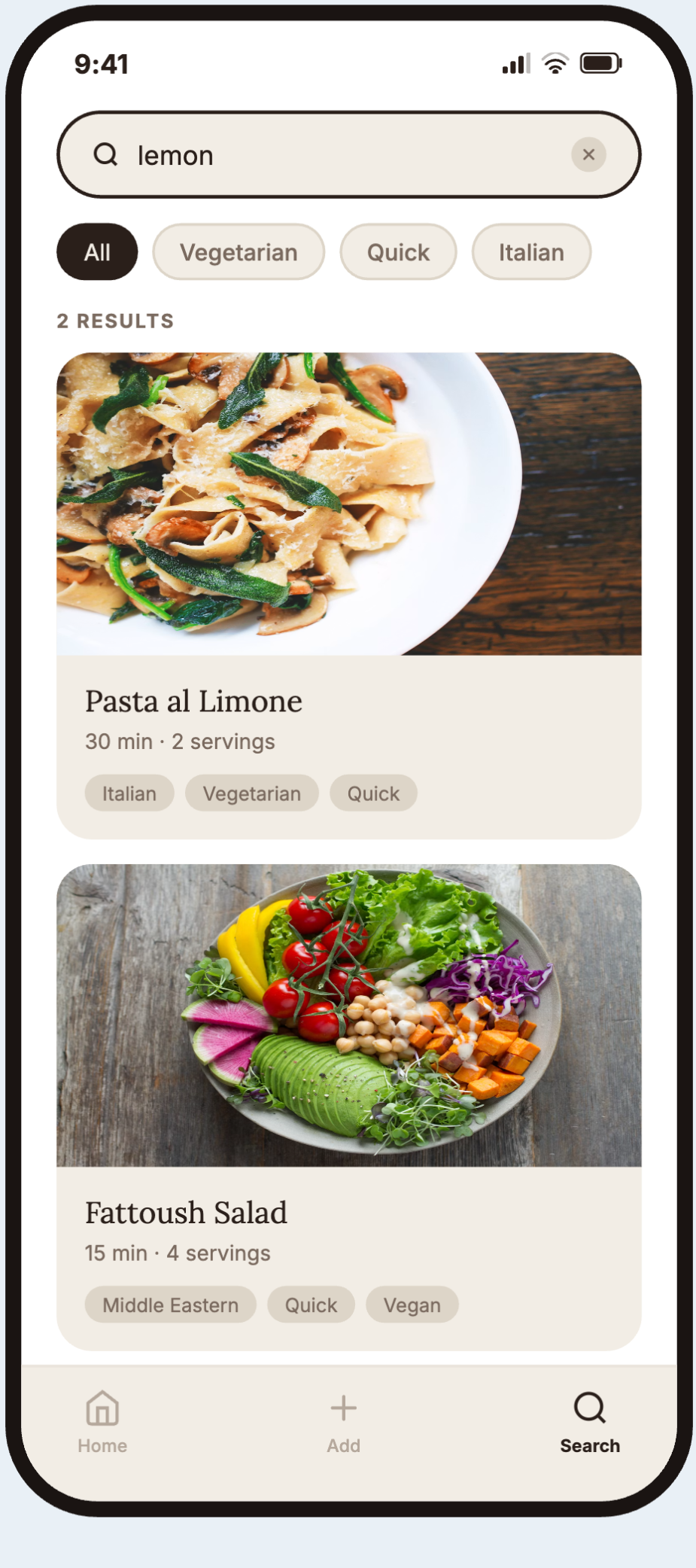 Search results filtering the recipe collection by name and tag